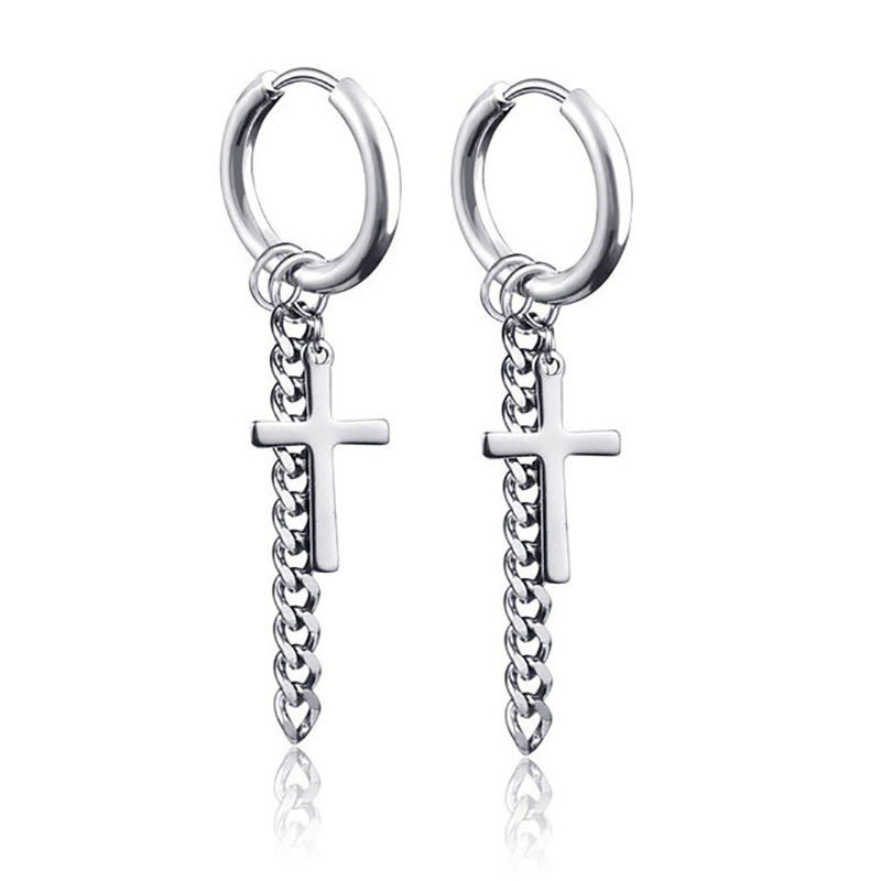 Internet celebrity trendsetter personality titanium steel cross earrings chain tassel earrings neutral temperament cold wind earrings earrings earrings