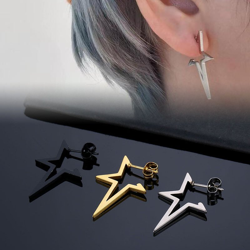 Japanese and Korean retro trendy accessories, fashionable and open-ended pentagram titanium steel earrings, men's street hip-hop style earrings