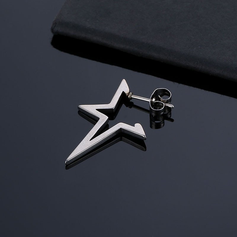 Japanese and Korean retro trendy accessories, fashionable and open-ended pentagram titanium steel earrings, men's street hip-hop style earrings