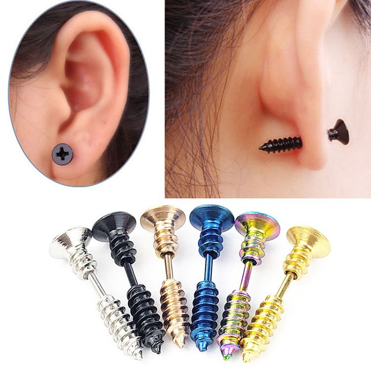 Japanese and Korean versions of men's titanium steel earrings, single piece, temperament, personality, girls' street fashion, men's screws, nails, earrings, accessories