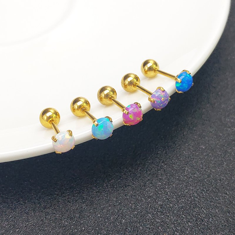 Korean Opal semi precious titanium steel earrings with fine stud posts and small ear bones, female Opal Obao thread piercing earrings