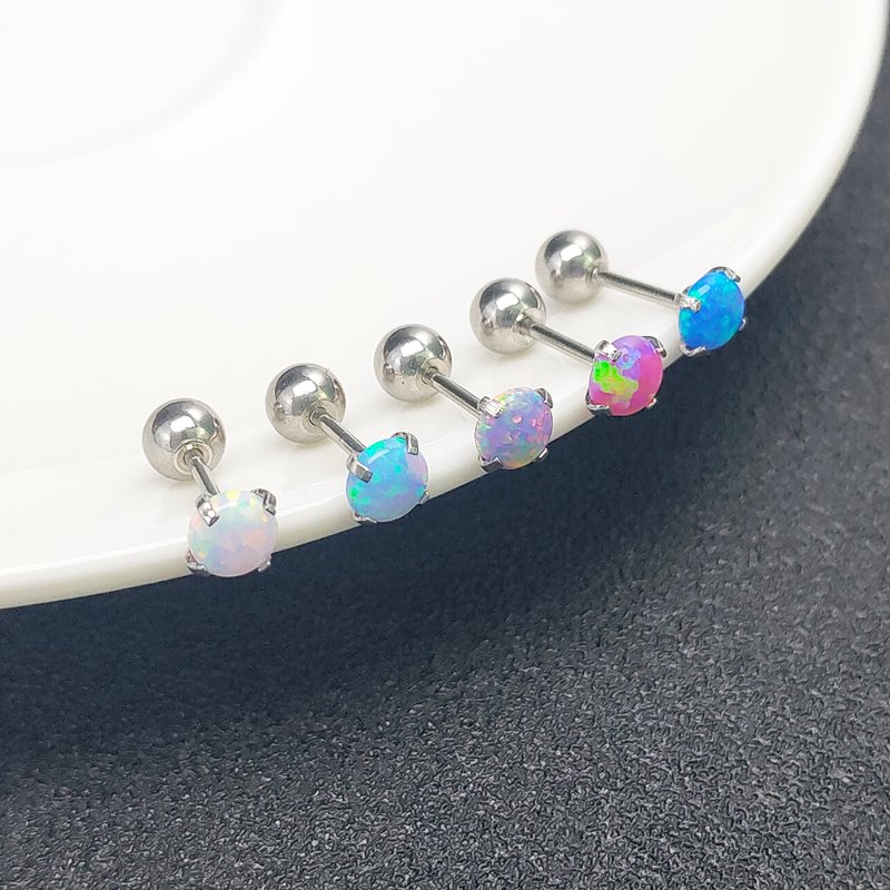 Korean Opal semi precious titanium steel earrings with fine stud posts and small ear bones, female Opal Obao thread piercing earrings