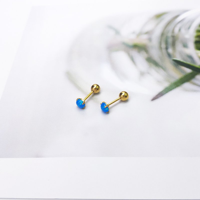 Korean Opal semi precious titanium steel earrings with fine stud posts and small ear bones, female Opal Obao thread piercing earrings