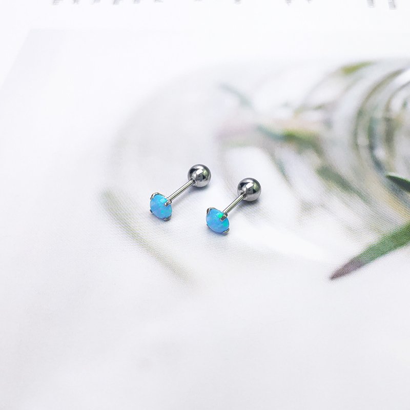 Korean Opal semi precious titanium steel earrings with fine stud posts and small ear bones, female Opal Obao thread piercing earrings