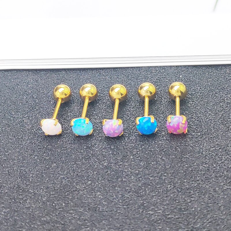 Korean Opal semi precious titanium steel earrings with fine stud posts and small ear bones, female Opal Obao thread piercing earrings