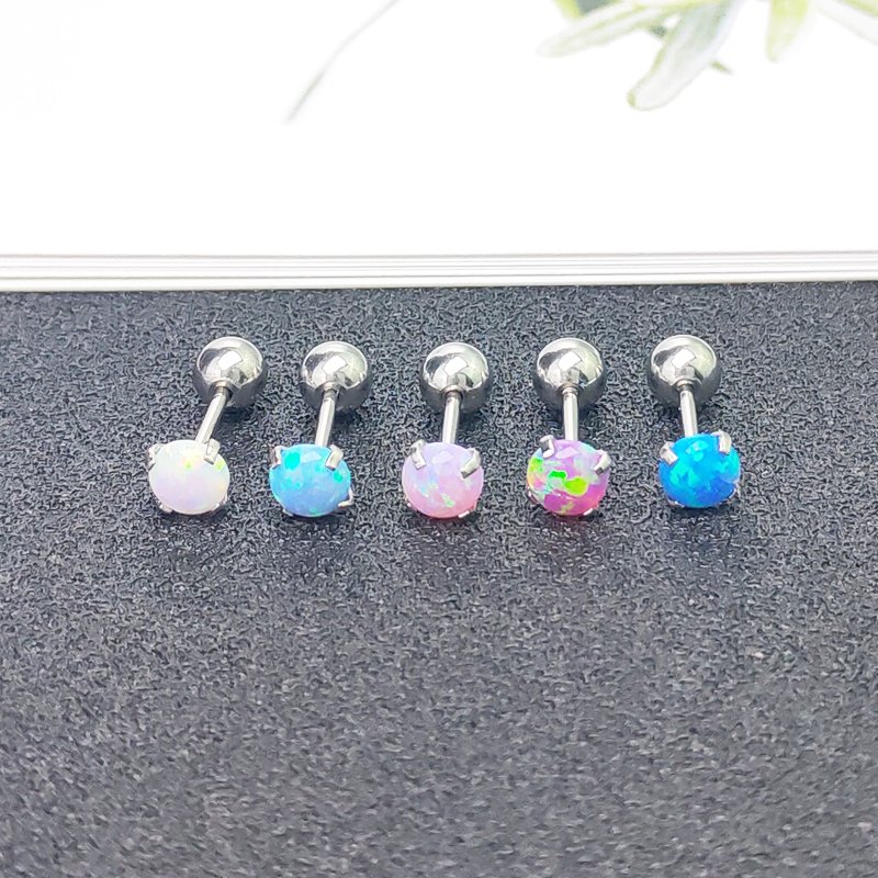 Korean Opal semi precious titanium steel earrings with fine stud posts and small ear bones, female Opal Obao thread piercing earrings