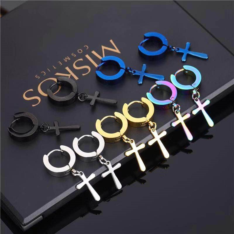 Korean fashion titanium steel cross earrings, stainless steel ear buckles, street hip-hop men's trendy earrings