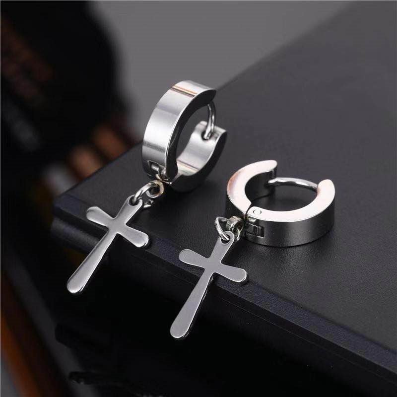 Korean fashion titanium steel cross earrings, stainless steel ear buckles, street hip-hop men's trendy earrings