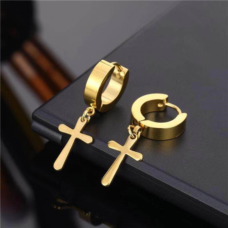 Korean fashion titanium steel cross earrings, stainless steel ear buckles, street hip-hop men's trendy earrings