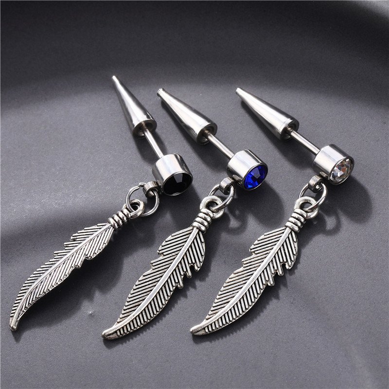 Korean fashion titanium steel stainless steel feather tassel pointed cone earrings with diamond studded studs, earrings, and earrings