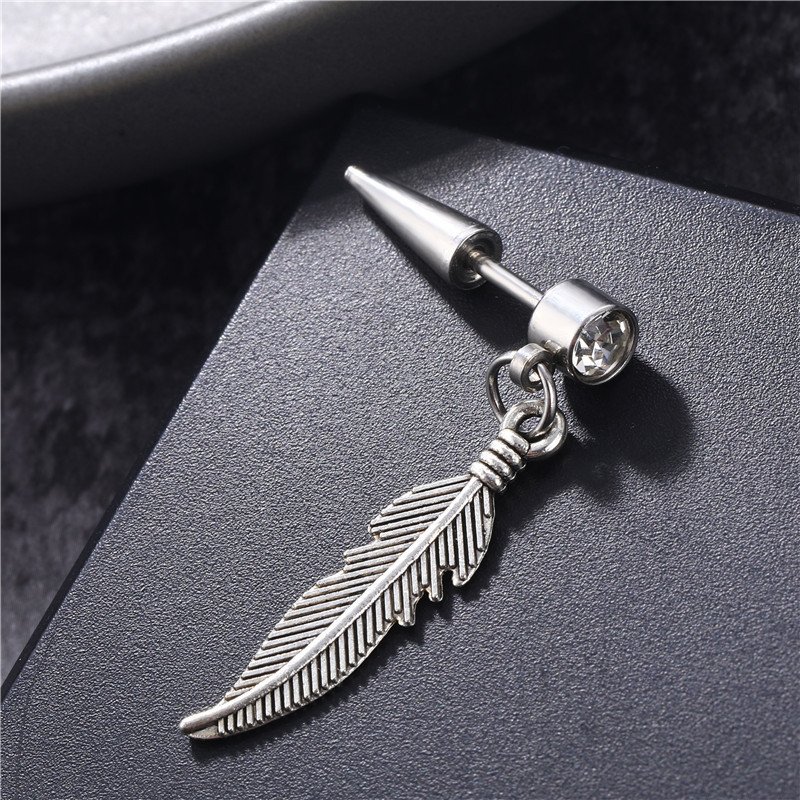 Korean fashion titanium steel stainless steel feather tassel pointed cone earrings with diamond studded studs, earrings, and earrings