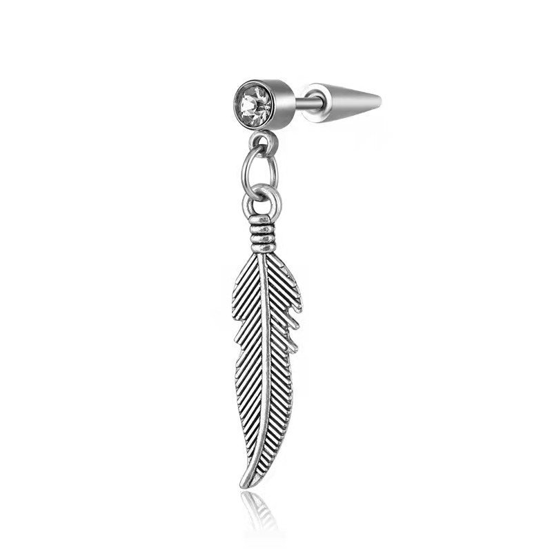 Korean fashion titanium steel stainless steel feather tassel pointed cone earrings with diamond studded studs, earrings, and earrings