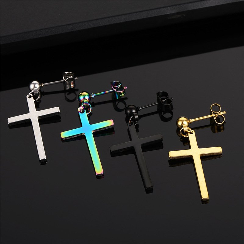 Korean popular personalized and fashionable titanium steel trendy jewelry, stainless steel hanging cross earrings, fashionable and trendy men's earrings