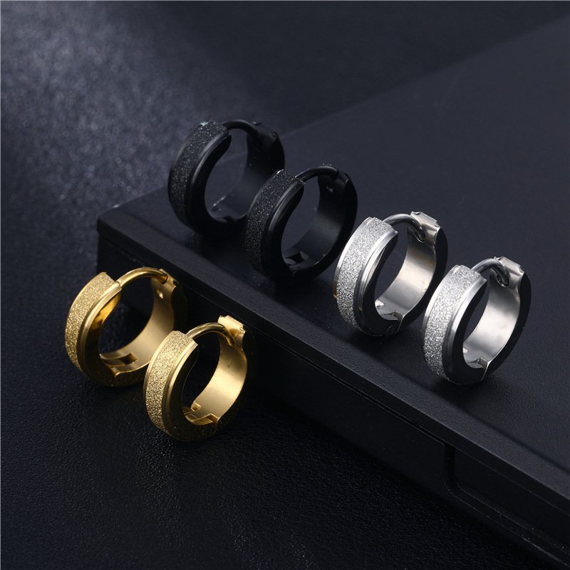 Korean style fashionable sandblasted step ear buckle personalized earrings European and American exaggerated fashion titanium steel ear rings hand polished