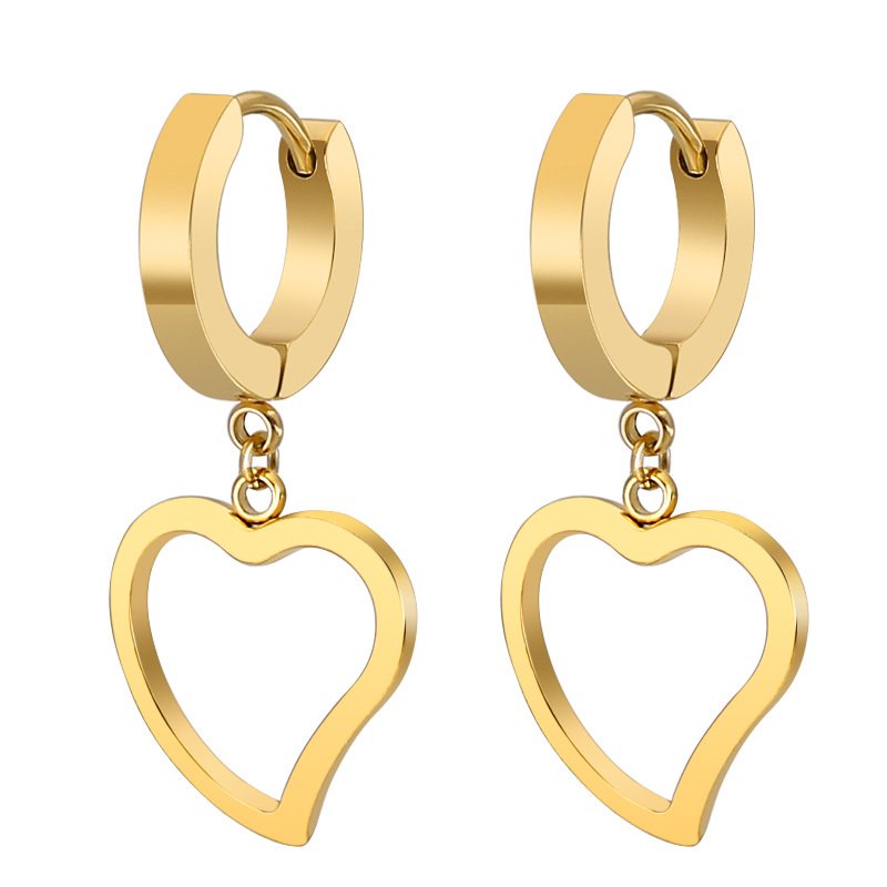 Korean style fashionable titanium steel round circle earrings, stainless steel gold-plated peach heart shaped ear buckles, trendy for men and women