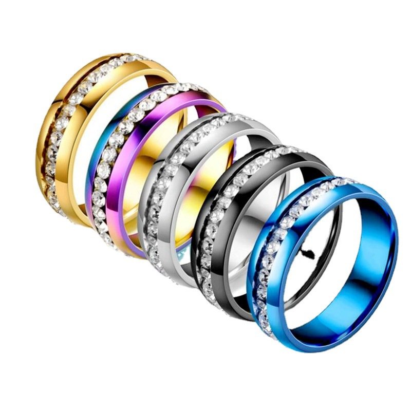 Korean version of niche titanium steel single row diamond inlaid ring, stainless steel diamond inlaid couple ring, European and American jewelry