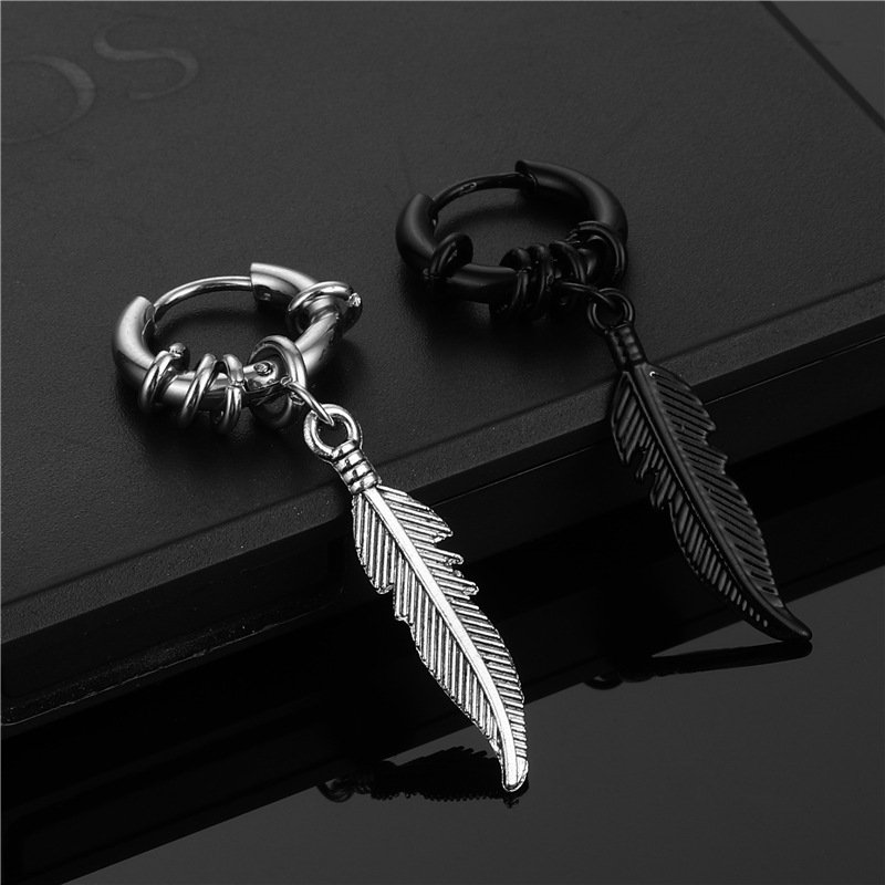 Korean version stainless steel coil earrings feather earrings trendy street Hong Kong style hip-hop earrings fashionable retro earrings