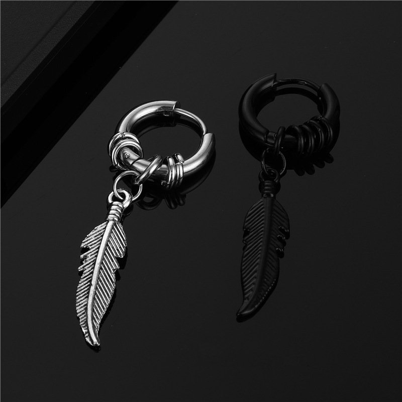 Korean version stainless steel coil earrings feather earrings trendy street Hong Kong style hip-hop earrings fashionable retro earrings