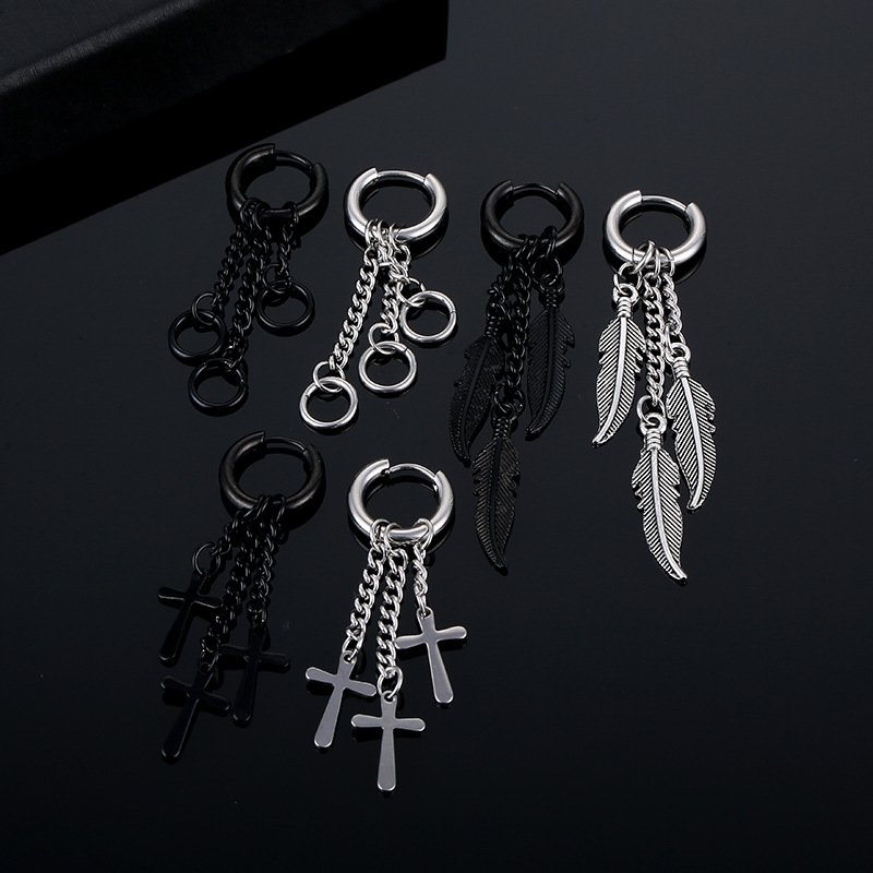 Korean version tassel chain feather stainless steel coil earrings titanium steel ear bone buckle men's hip-hop earrings earrings earrings