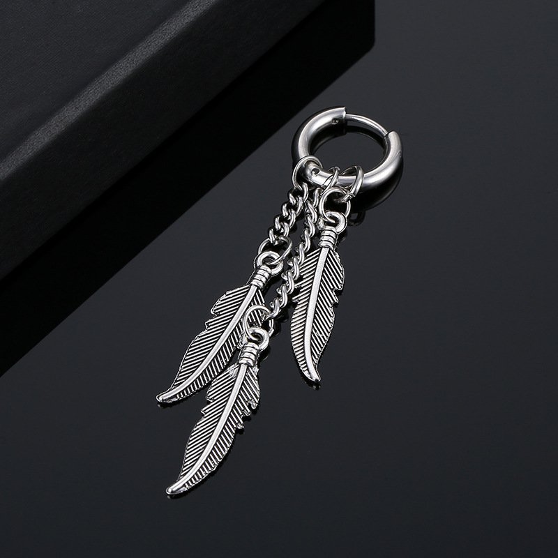 Korean version tassel chain feather stainless steel coil earrings titanium steel ear bone buckle men's hip-hop earrings earrings earrings