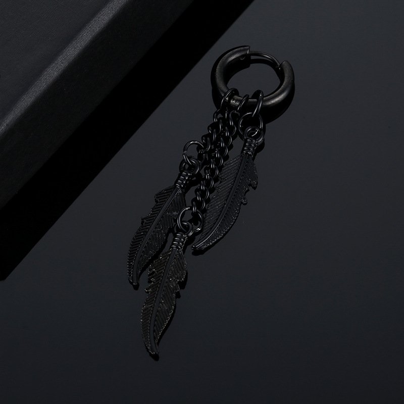 Korean version tassel chain feather stainless steel coil earrings titanium steel ear bone buckle men's hip-hop earrings earrings earrings