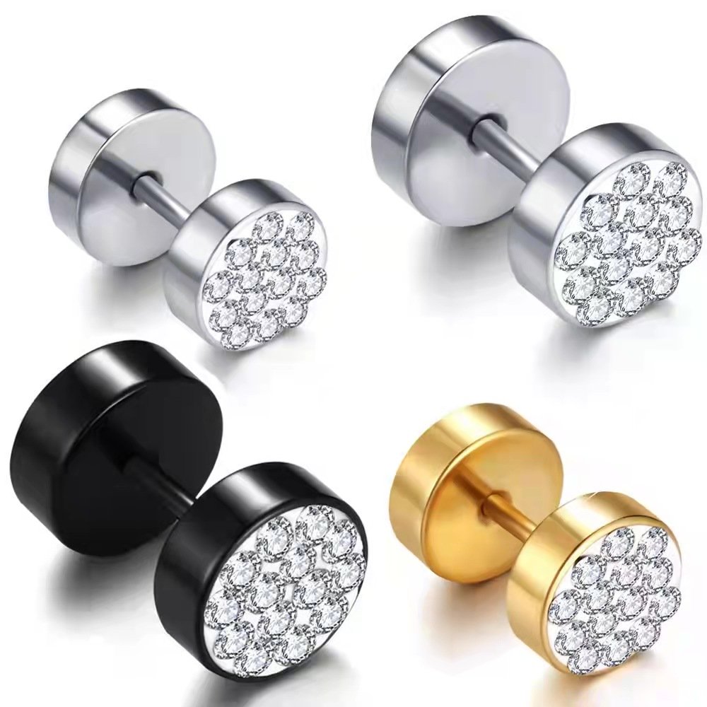 Korean version titanium steel Shambhala full diamond barbell earrings, women's non fading and versatile stainless steel earrings, hot selling dumbbell earrings