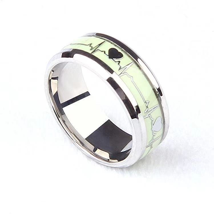 Luminous titanium steel ring, European and American electrocardiogram luminous fluorescent jewelry, stainless steel ring, heartbeat couple love ring