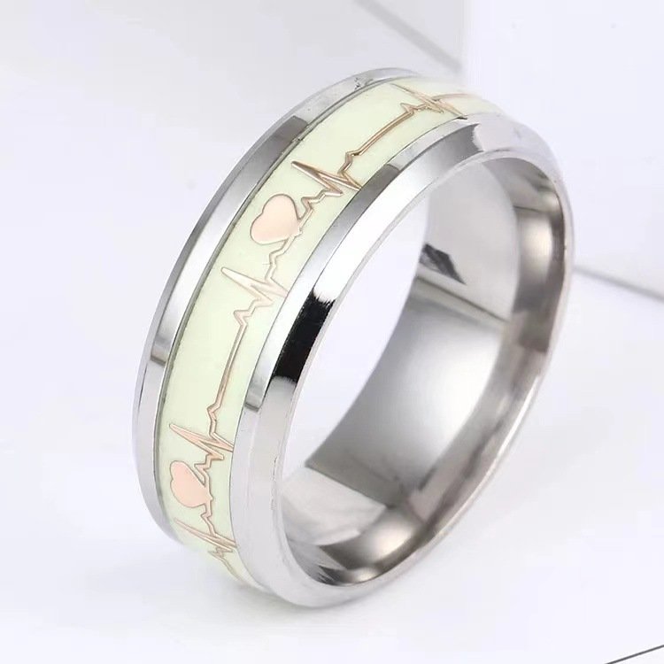 Luminous titanium steel ring, European and American electrocardiogram luminous fluorescent jewelry, stainless steel ring, heartbeat couple love ring