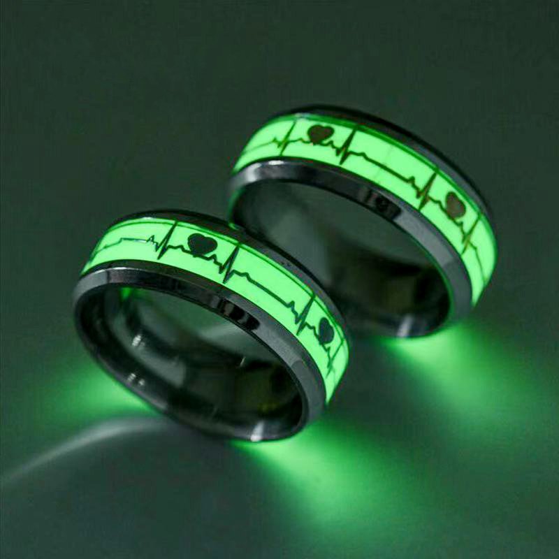 Luminous titanium steel ring, European and American electrocardiogram luminous fluorescent jewelry, stainless steel ring, heartbeat couple love ring