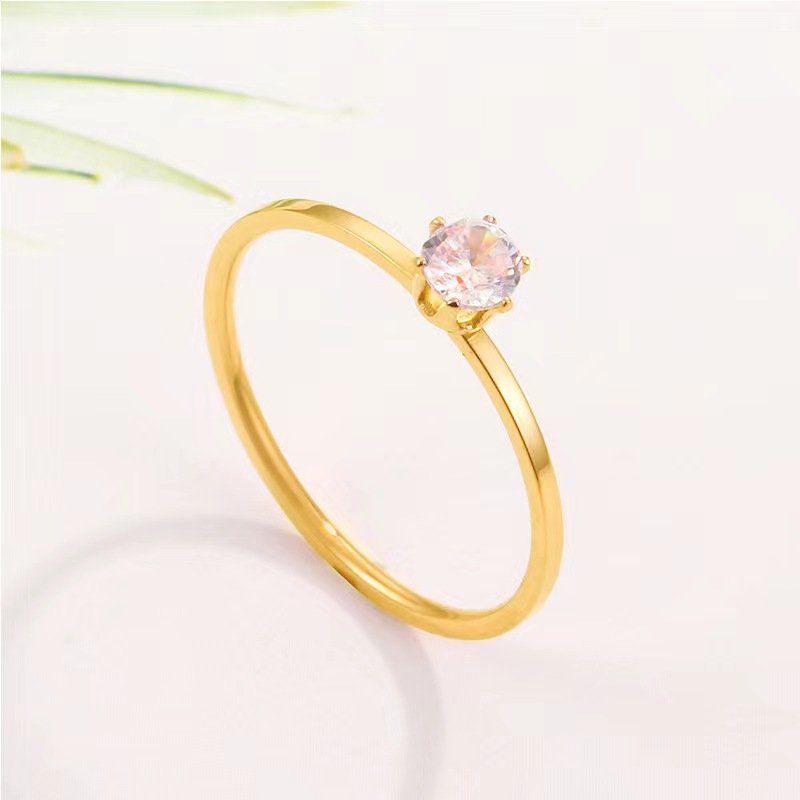 New minimalist Korean version fine ring six claw rose stainless steel ring titanium steel tail ring trendy extremely fine single diamond inlaid jewelry