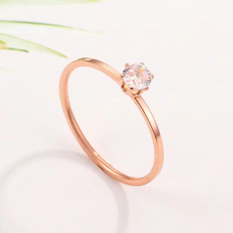 New minimalist Korean version fine ring six claw rose stainless steel ring titanium steel tail ring trendy extremely fine single diamond inlaid jewelry