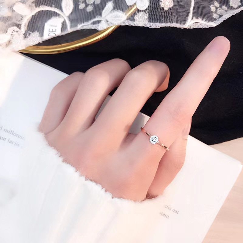 New minimalist Korean version fine ring six claw rose stainless steel ring titanium steel tail ring trendy extremely fine single diamond inlaid jewelry