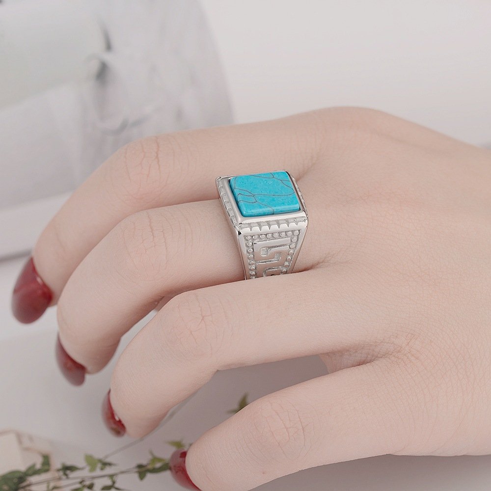 New product turquoise titanium steel ring European and American retro micro inlaid gemstone stainless steel couple ring jewelry