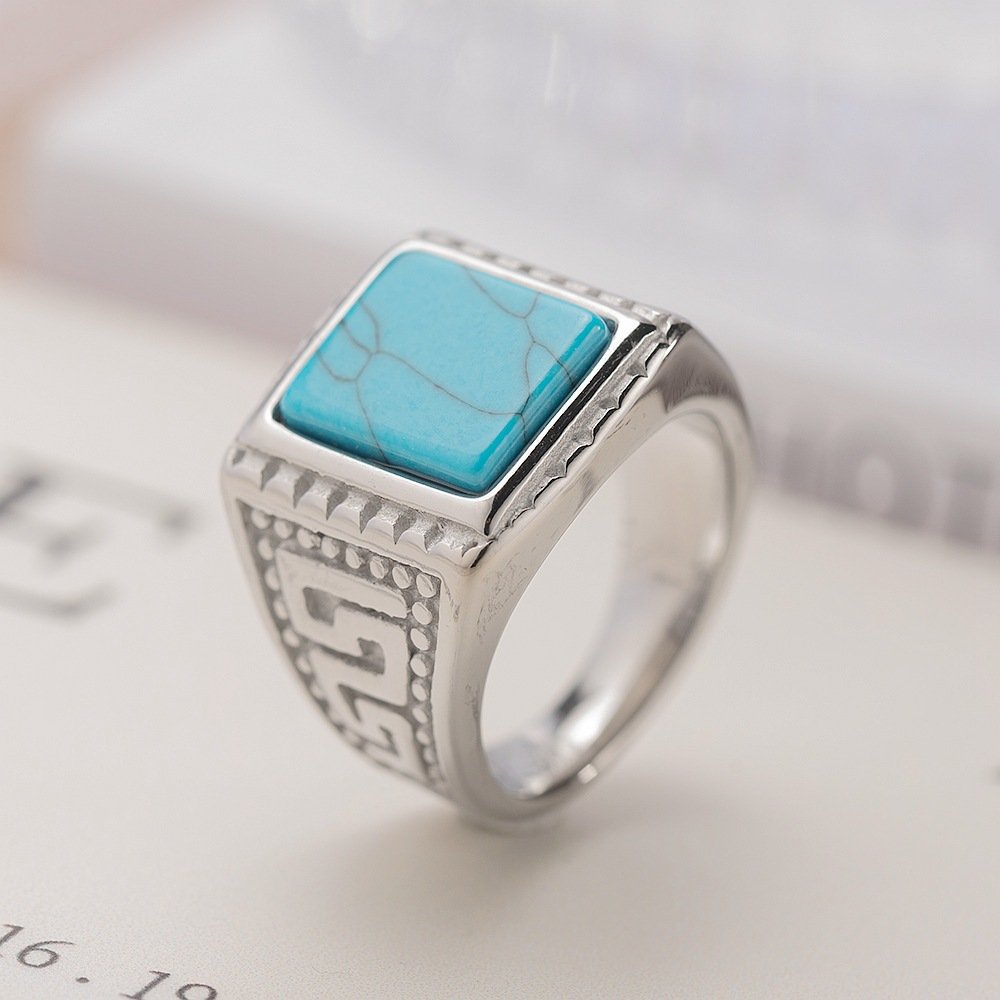 New product turquoise titanium steel ring European and American retro micro inlaid gemstone stainless steel couple ring jewelry