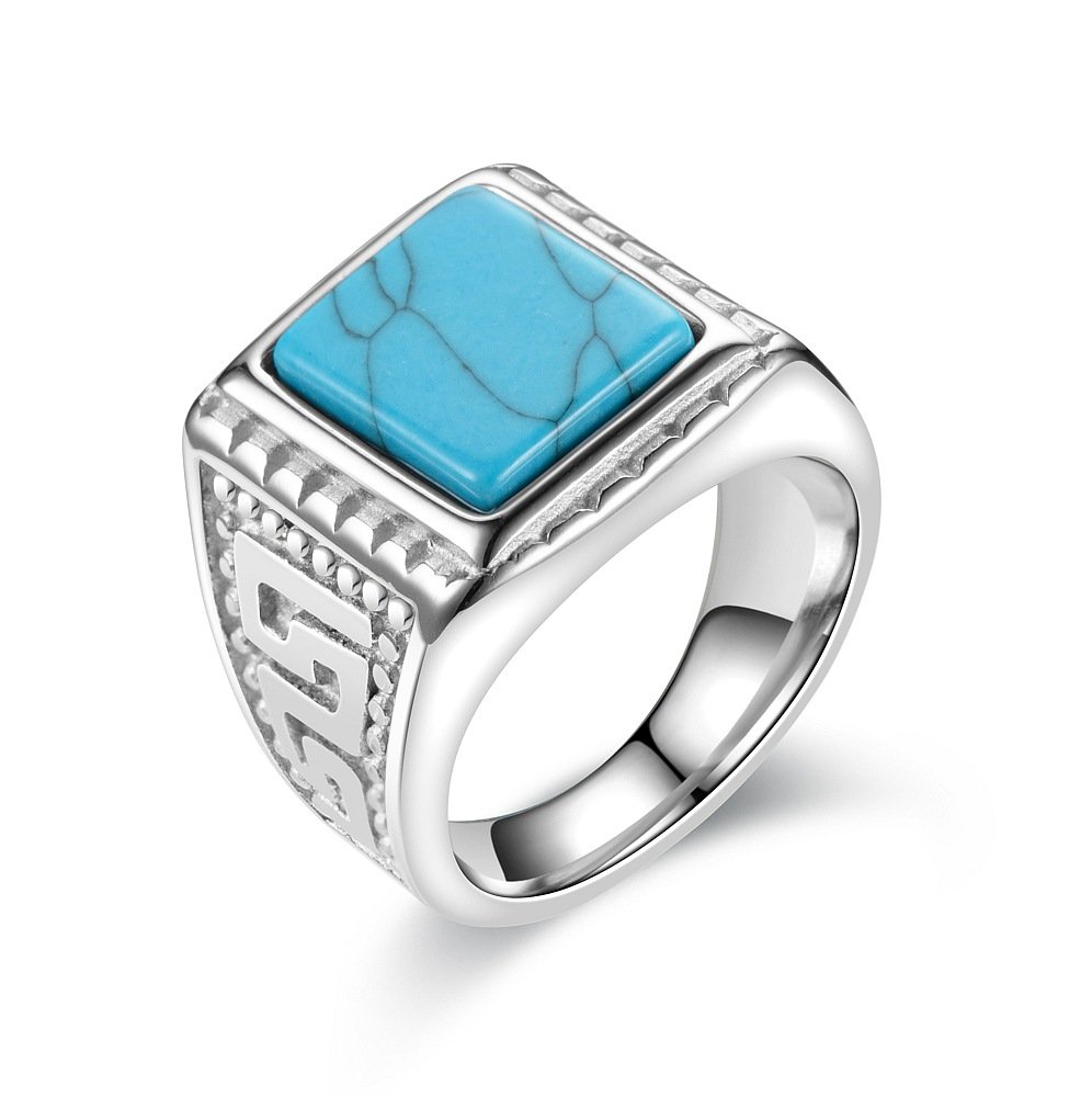 New product turquoise titanium steel ring European and American retro micro inlaid gemstone stainless steel couple ring jewelry