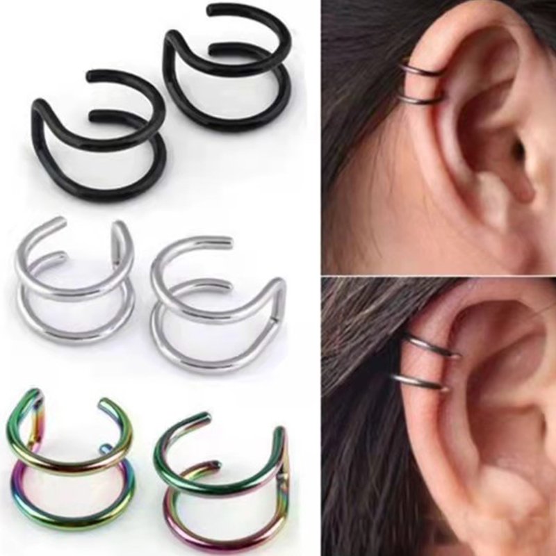 No ear hole ear clip, simple and personalized stainless steel double-C cartilage ear decoration, titanium steel U-shaped double ring nose clip, lip clip, trendy