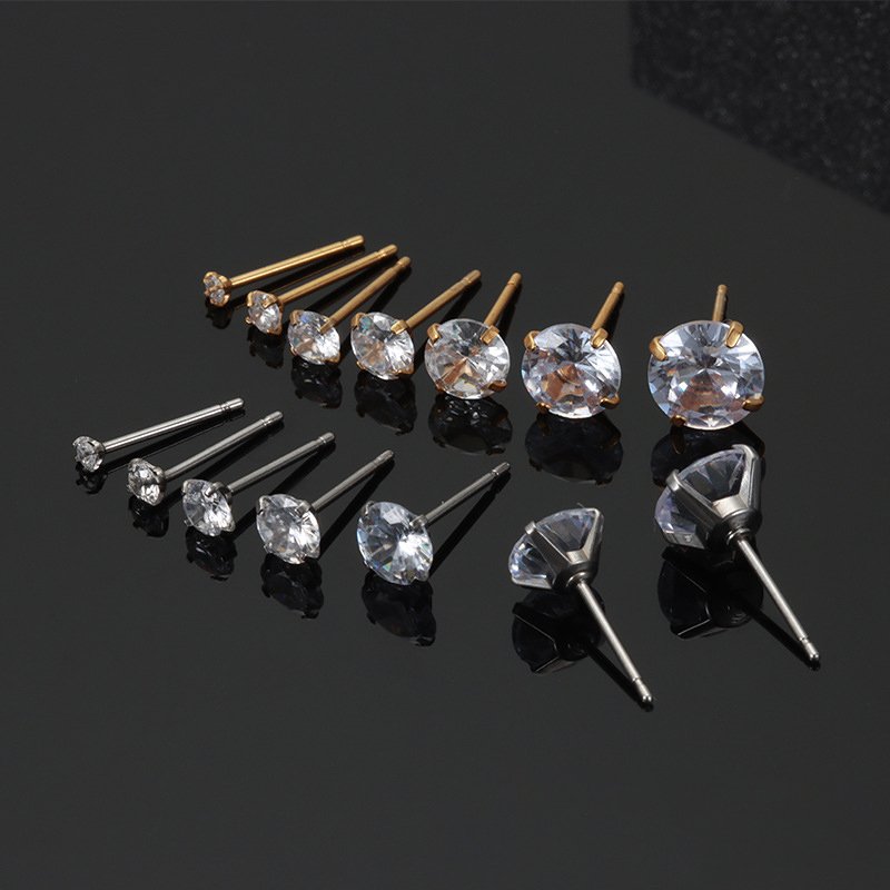 One piece titanium steel earrings with white zircon inlay for women and men, stainless steel four claw round zircon earrings, simple color preservation