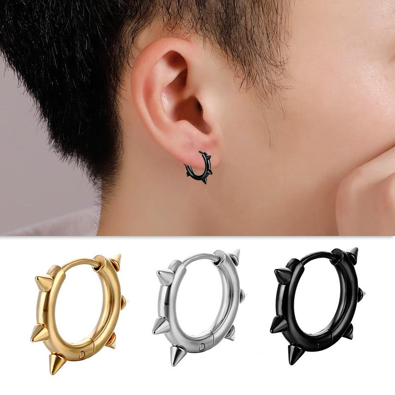 Punk stainless steel pointed cone rivet coil earrings trendy accessories curved titanium steel earrings round wire circle earrings