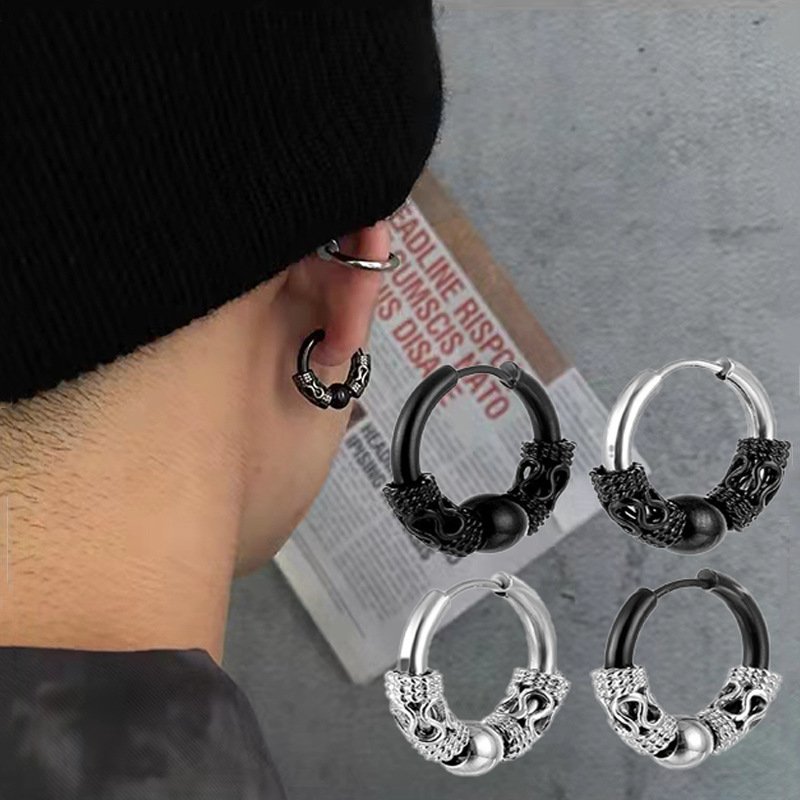 Retro Tibetan Dragon Pattern Stainless Steel Round Wire Earrings Titanium Steel Ear Bone Buckles Japanese Korean Hip Hop Men's and Women's Fashion Ear Ring Accessories