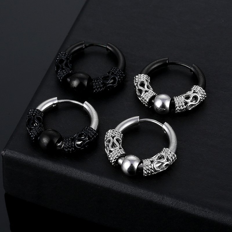 Retro Tibetan Dragon Pattern Stainless Steel Round Wire Earrings Titanium Steel Ear Bone Buckles Japanese Korean Hip Hop Men's and Women's Fashion Ear Ring Accessories