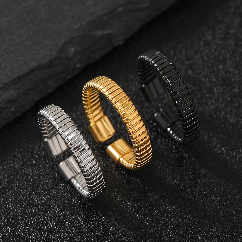 Simple irregular horizontal texture C-shaped titanium steel ring with adjustable opening, high-end stainless steel jewelry