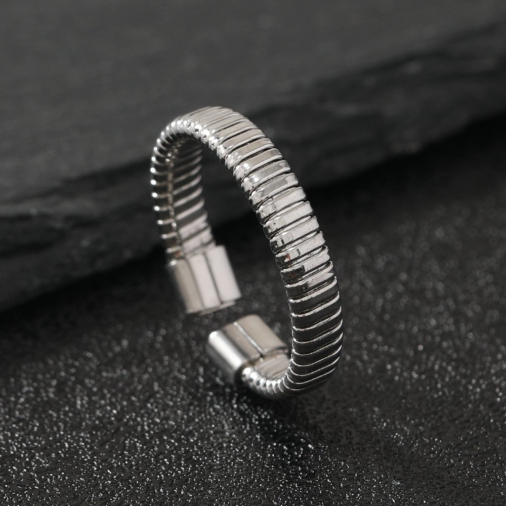 Simple irregular horizontal texture C-shaped titanium steel ring with adjustable opening, high-end stainless steel jewelry