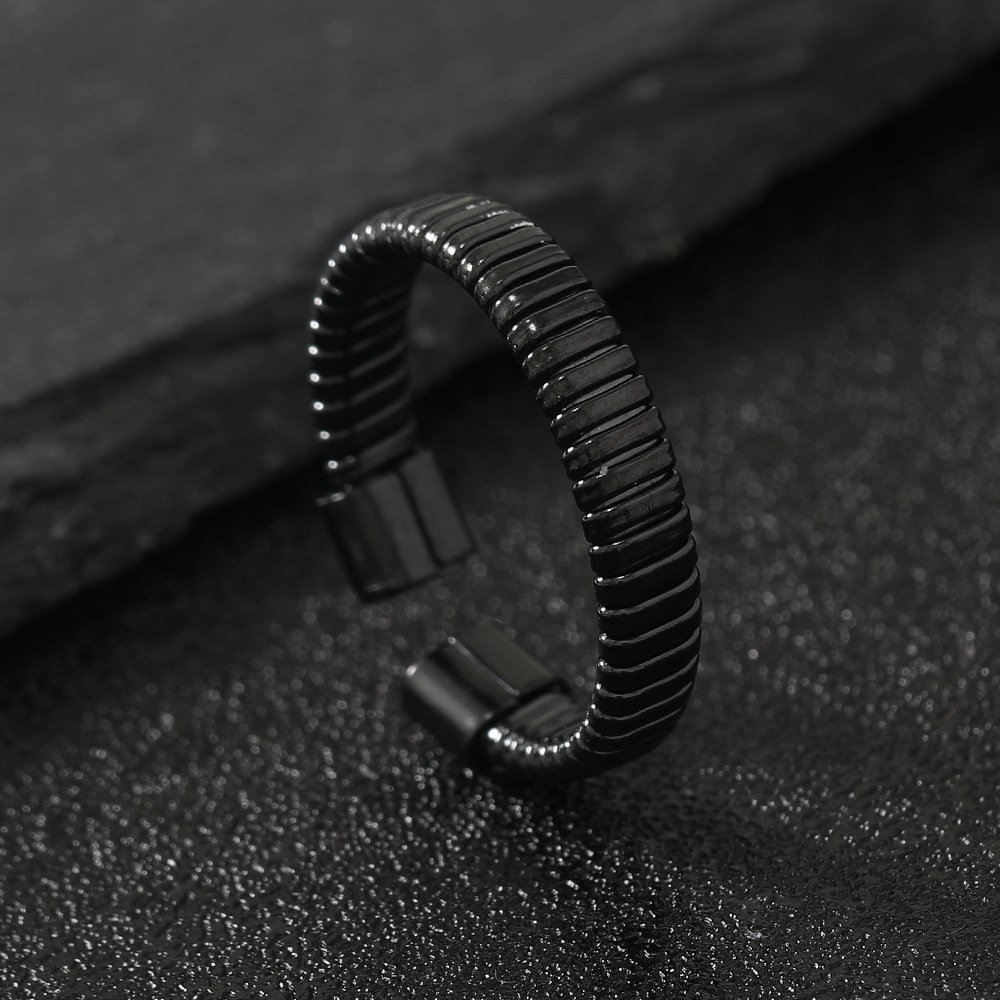 Simple irregular horizontal texture C-shaped titanium steel ring with adjustable opening, high-end stainless steel jewelry