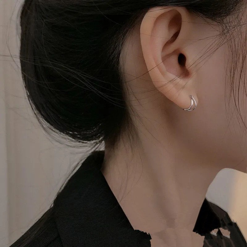 Small fresh earrings, female internet celebrity, simple and cool style earrings, temperament earrings, Japanese and Korean double C crescent shaped titanium steel silver