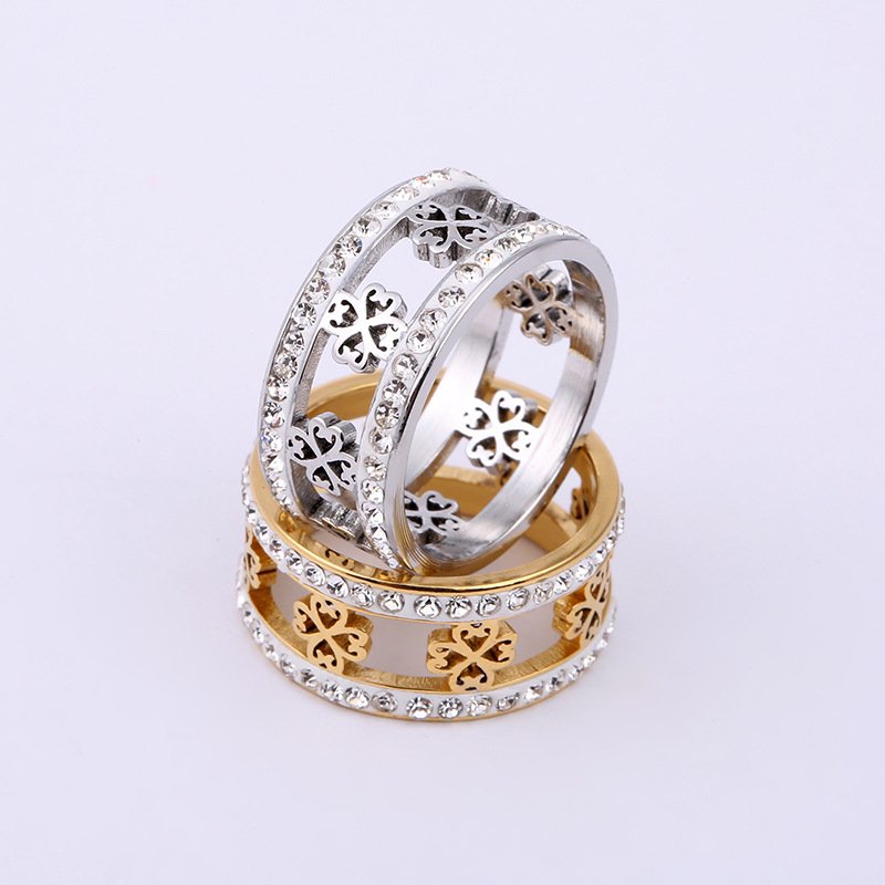 Source factory European and American style clover stainless steel jewelry, two rows of diamond inlaid diamond stainless steel titanium steel ring