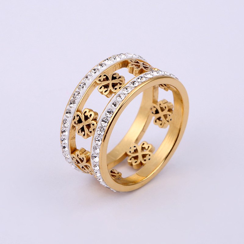 Source factory European and American style clover stainless steel jewelry, two rows of diamond inlaid diamond stainless steel titanium steel ring