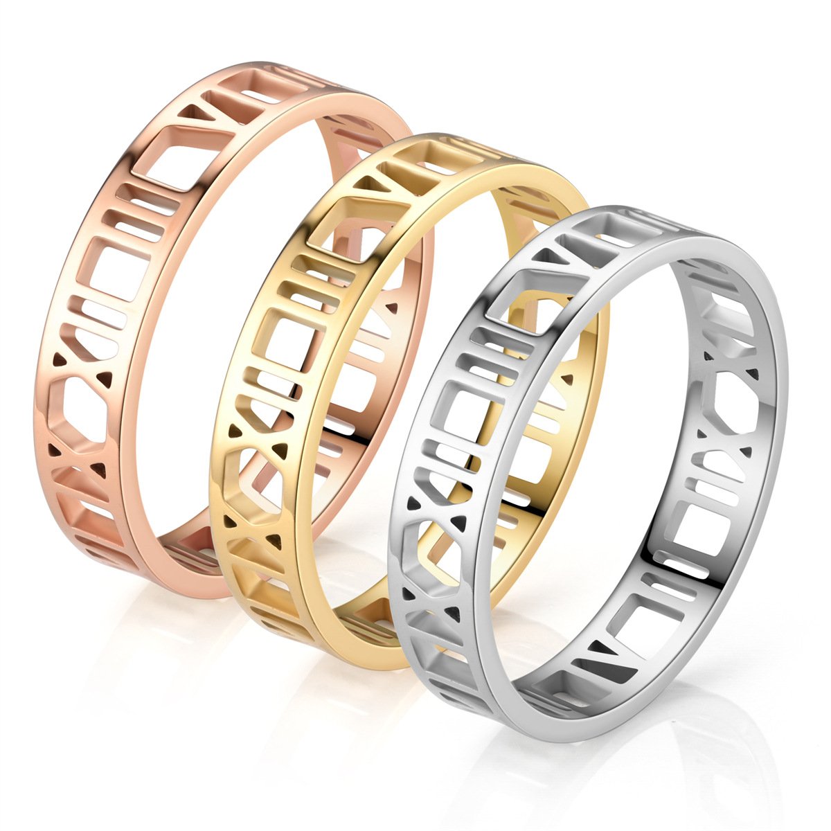 Spot women's light luxury style Roman digital titanium steel ring rose gold European and American popular women's tricolor ring