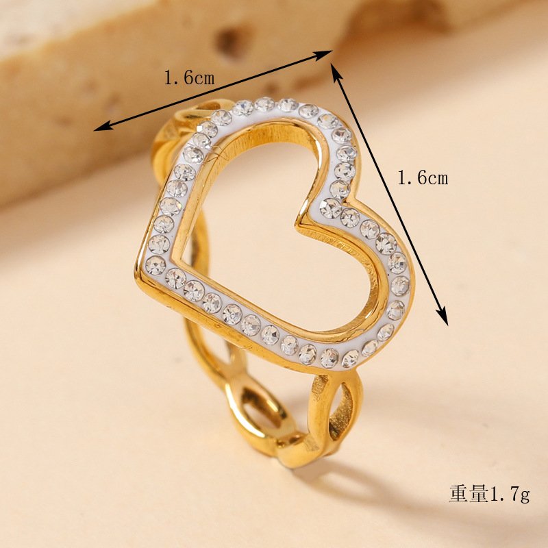 Stainless steel jewelry fashion, light luxury, continuous cutting, mud diamond inlaid heart ring, women's heart-shaped titanium steel ring