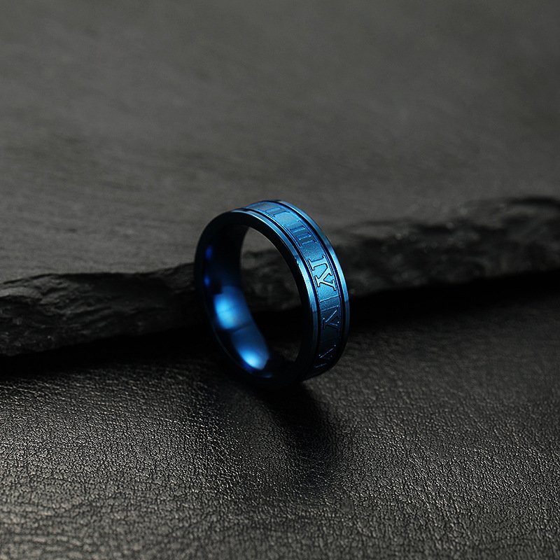 Stainless steel jewelry hot item European and American style 6mm corrosion Roman character multi-color optional titanium steel ring