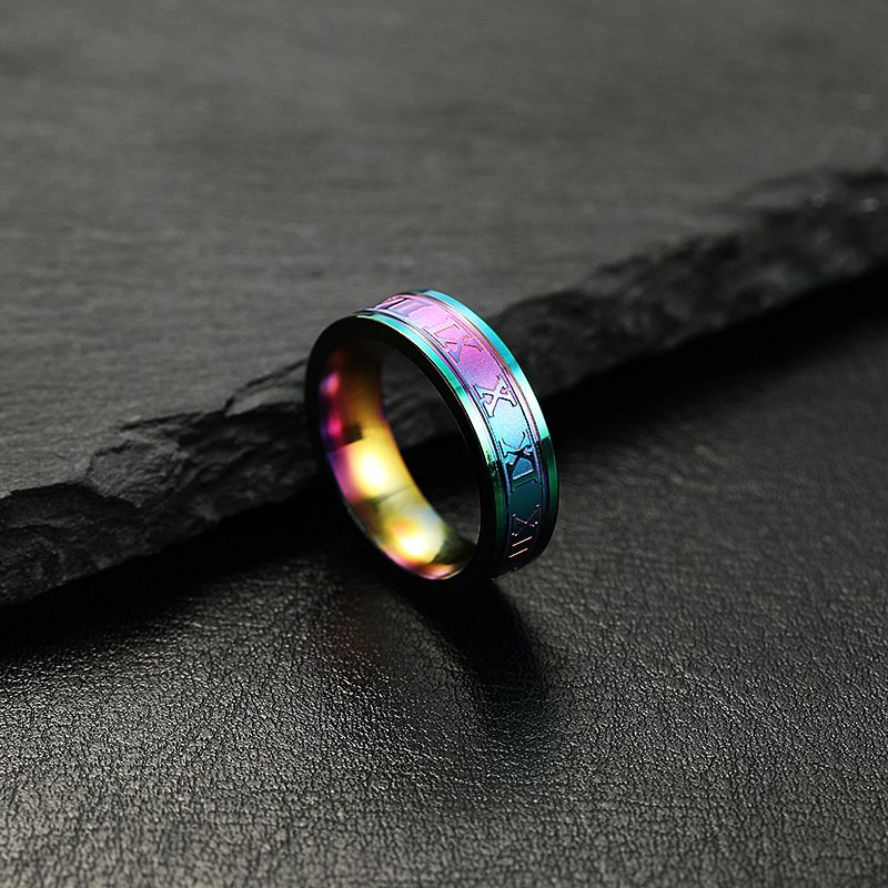 Stainless steel jewelry hot item European and American style 6mm corrosion Roman character multi-color optional titanium steel ring